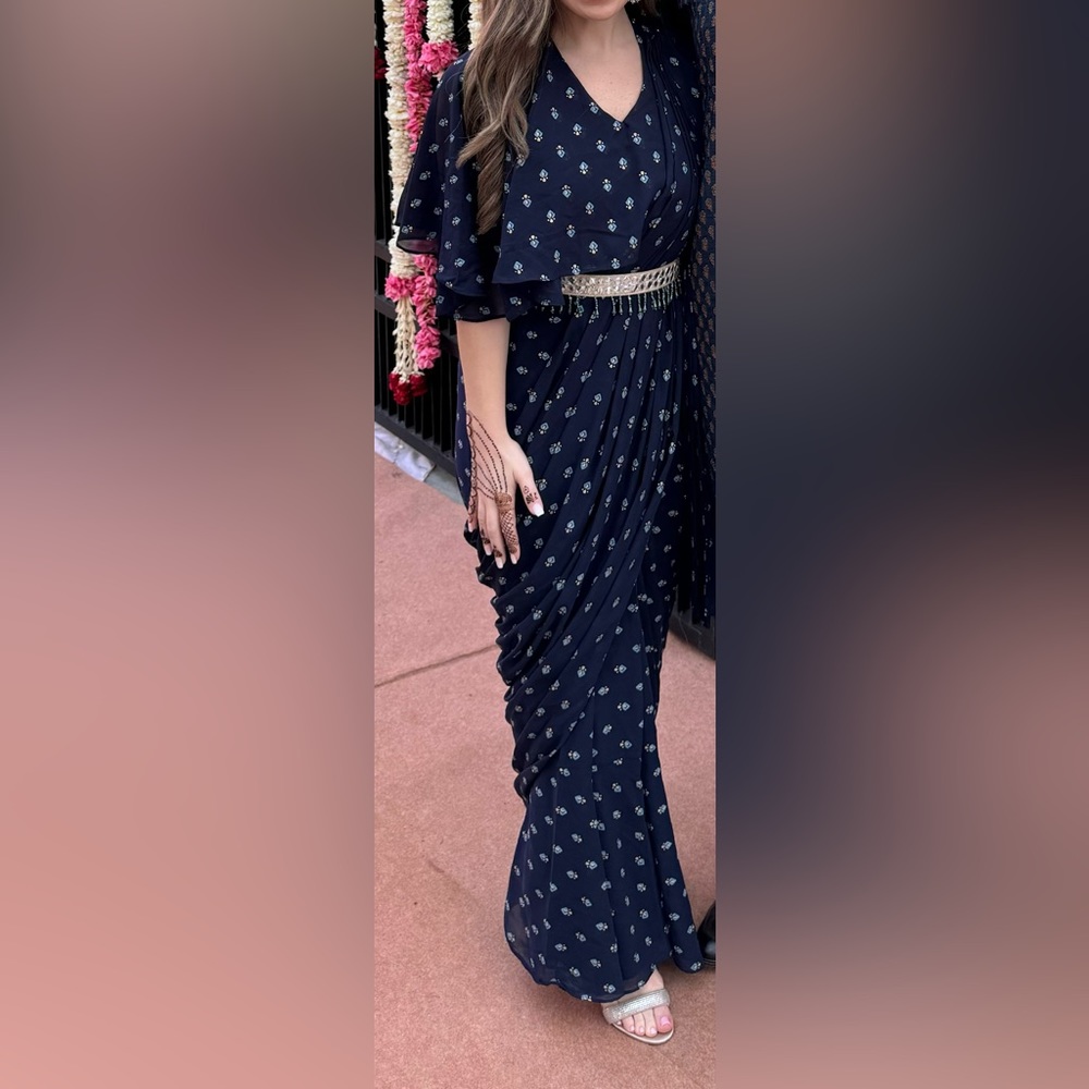Navy Foil Belted Pre-Stitched Saree with Attached Blouse